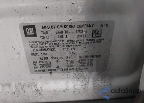 2016 Chevrolet Trax 1Ls z USA, uszkodzony, nr VIN KL7CJKSB1GB760082